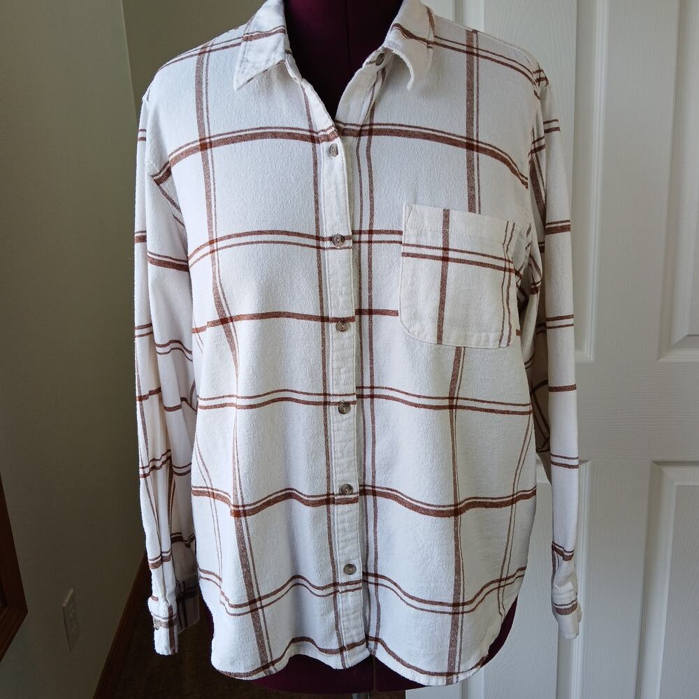 Universal Thread Cream & Brown Plaid Flannel Button-up Shirt XXL relaxed fit - Picture 6 of 14